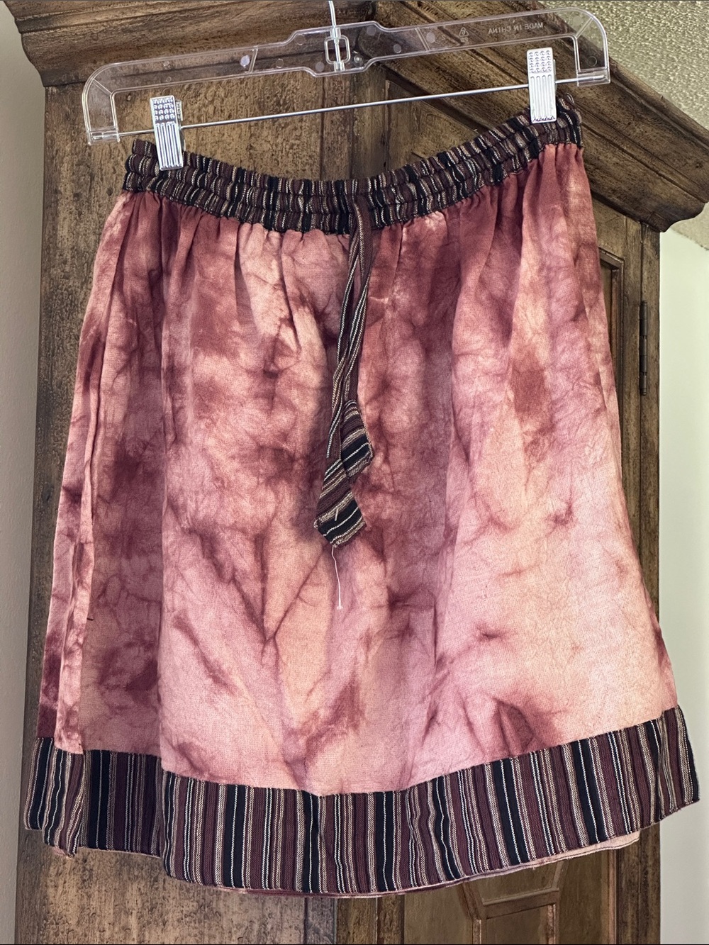 Katmandu Tie-Dye Cotton Skirt in Plum with Stripe Trim